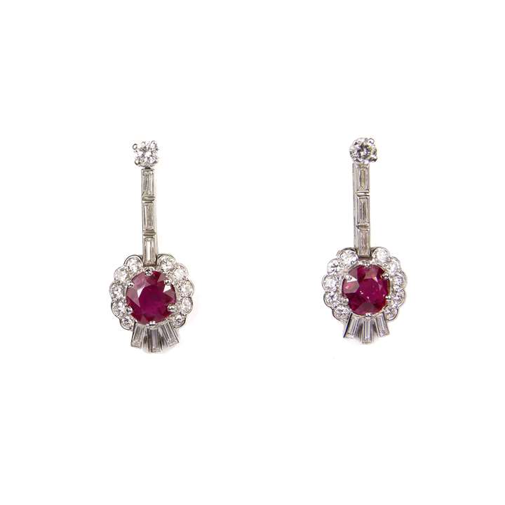 Pair of Art Deco Burma ruby and diamond cluster pendant earrings